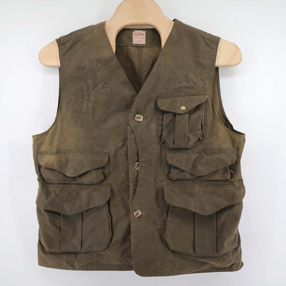 Filson CC Vintage Waxed Tin Cloth Shooting Vest Brown Half Moon Mens Fits XXL